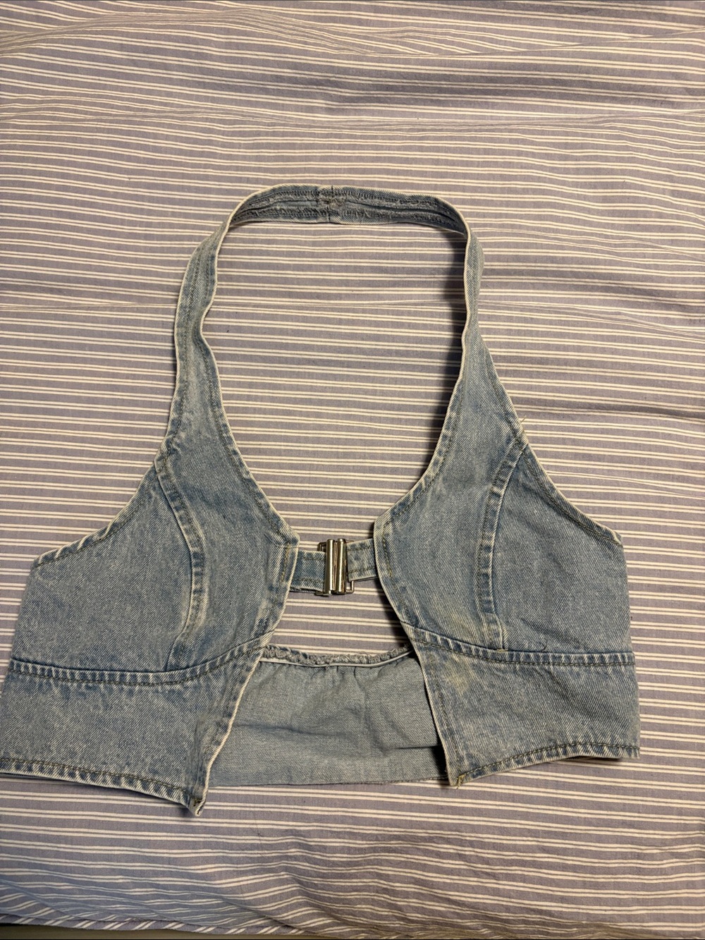 Denim Halter Crop Top with Front Buckle